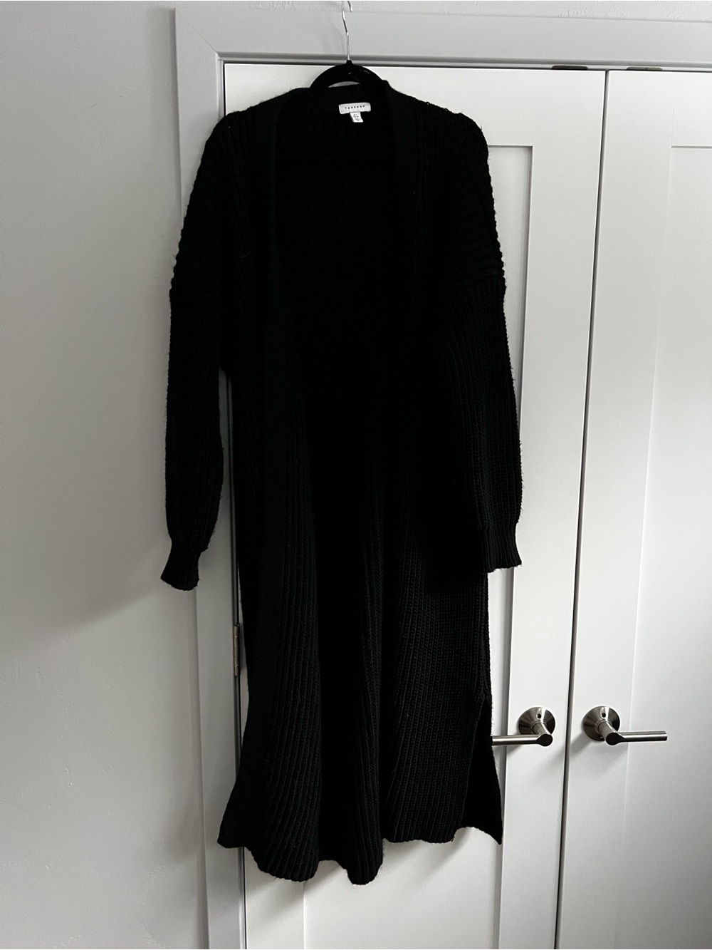 Topshop Long Black Open-Front Ribbed Cardigan Sweater